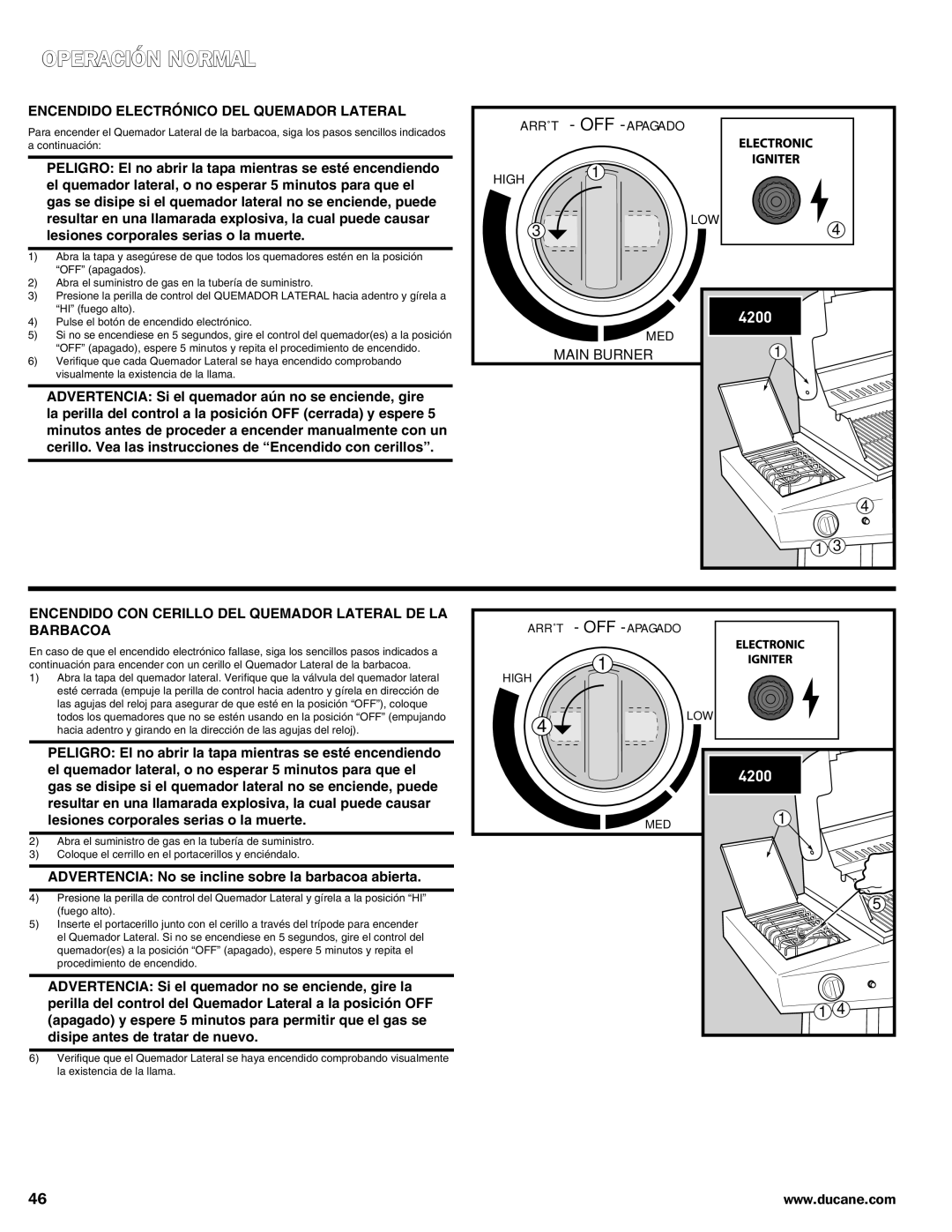 Ducane 3100 | 4100 | 4200 Encendido electrónico del quemador lateral, Lesiones corporales serias o la muerte, Barbacoa 