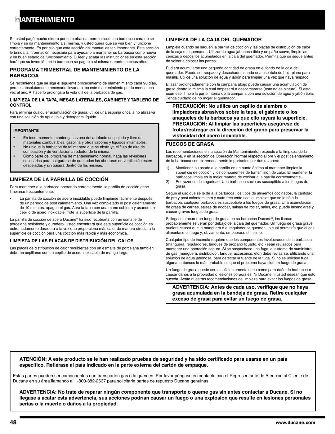 Ducane 3100 | 4100 | 4200 owner manual Mantenimiento, Programa trimestral de mantenimiento de la barbacoa 