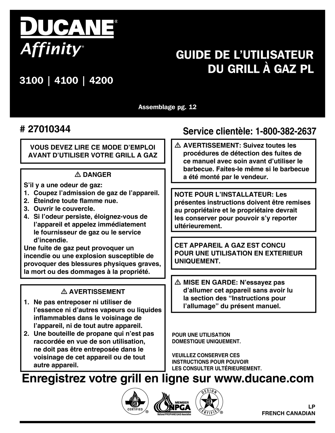 Ducane 3100 | 4100 | 4200 owner manual Guide de l’utilisateur du Grill à gaz PL 