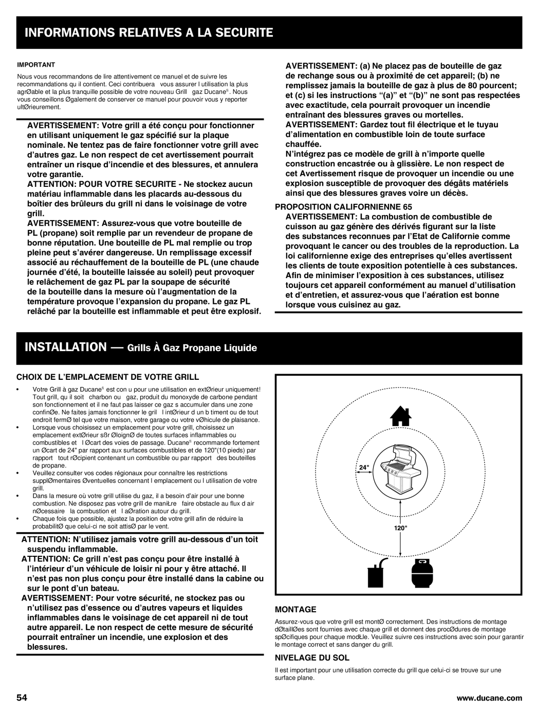 Ducane 3100 | 4100 | 4200 owner manual Proposition Californienne, Choix de l’emplacement de votre grill, Nivelage du sol 