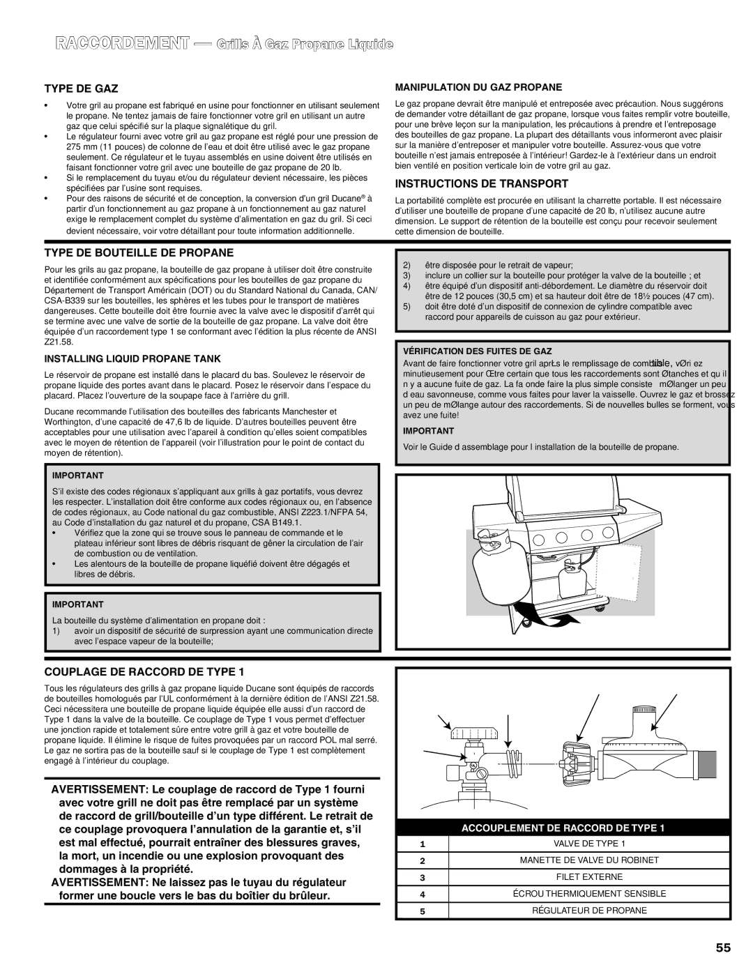 Ducane 3100 | 4100 | 4200 Type de gaz, Instructions de transport, Type de bouteille de propane, Dommages à la propriété 