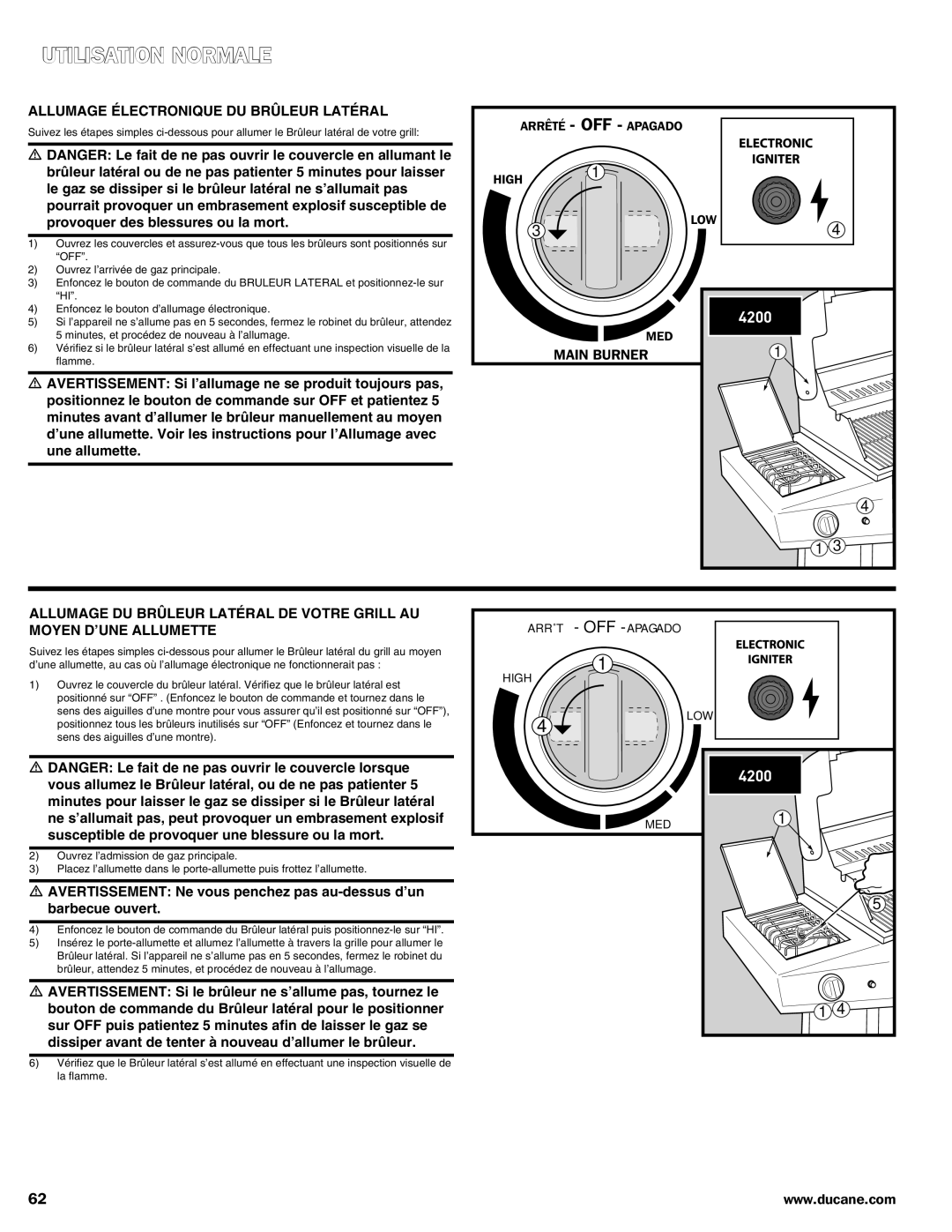 Ducane 3100 | 4100 | 4200 owner manual Allumage électronique du brûleur latéral, Provoquer des blessures ou la mort 