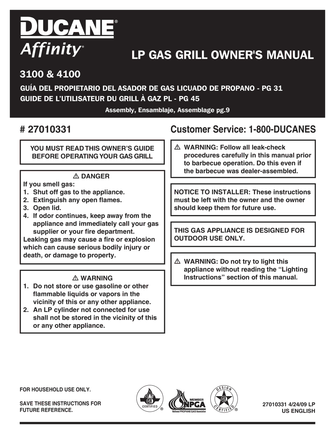 Ducane 3100 owner manual Customer Service 1-800-DUCANES 