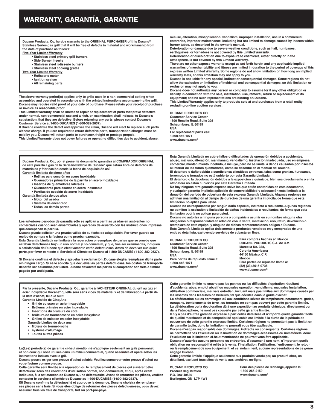 Ducane 3100 owner manual Warranty, Garantía, garantie, Ducane Products CO 