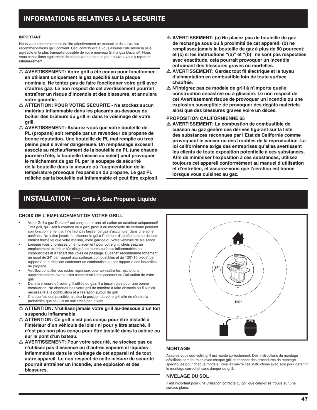 Ducane 3100 owner manual InformationS Relatives a LA Securite, Choix de l’emplacement de votre grill, Nivelage du sol 