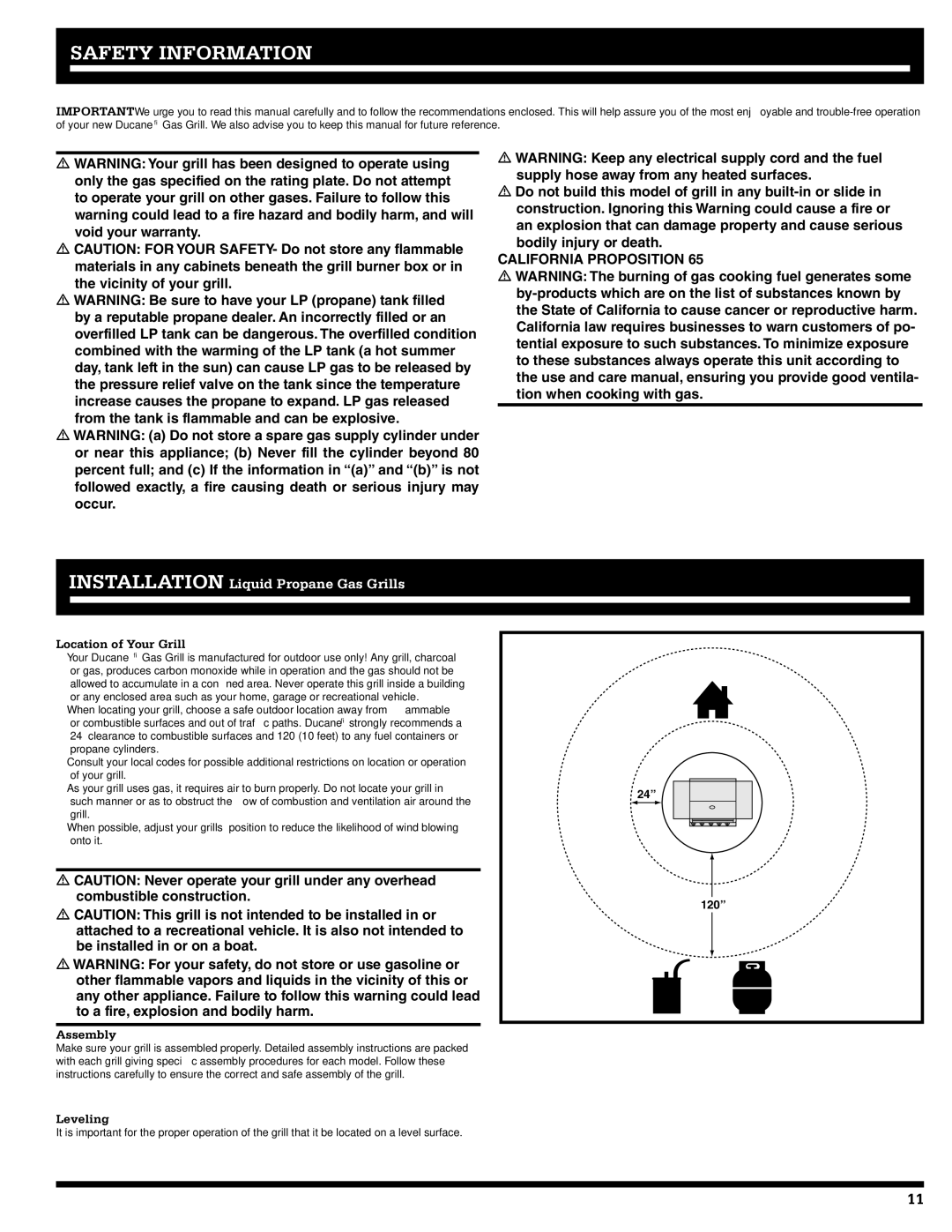 Ducane 5200, 3200 owner manual Safety Information, Location of Your Grill, Assembly, Leveling 