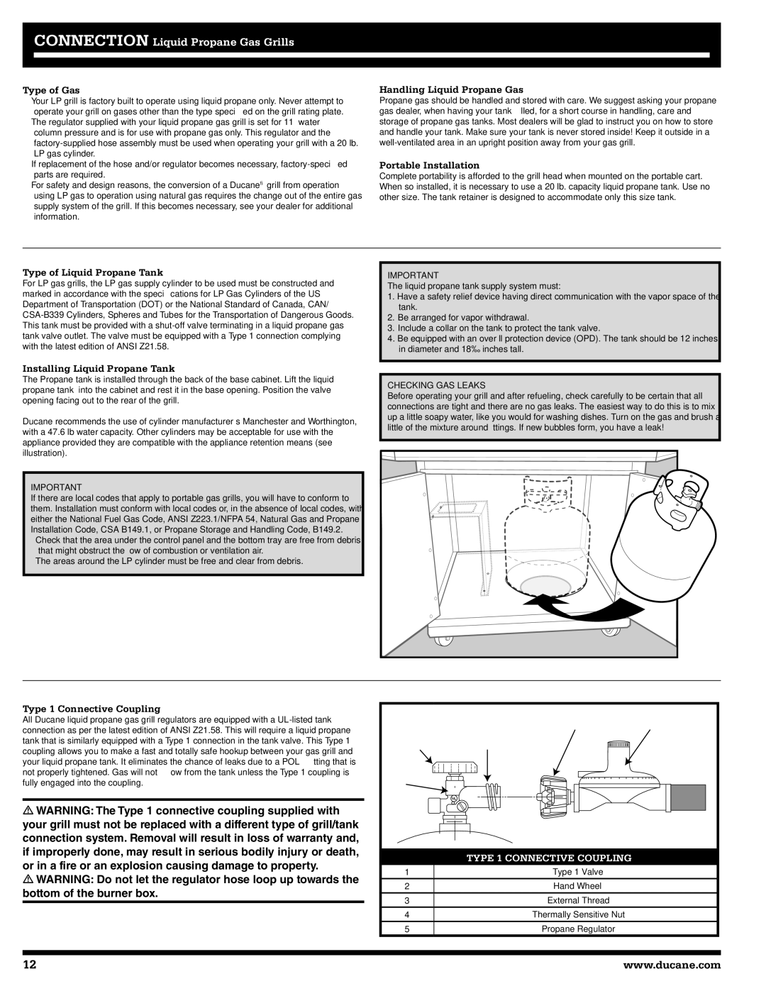 Ducane 3200, 5200 owner manual Type of Gas, Handling Liquid Propane Gas, Portable Installation, Type of Liquid Propane Tank 
