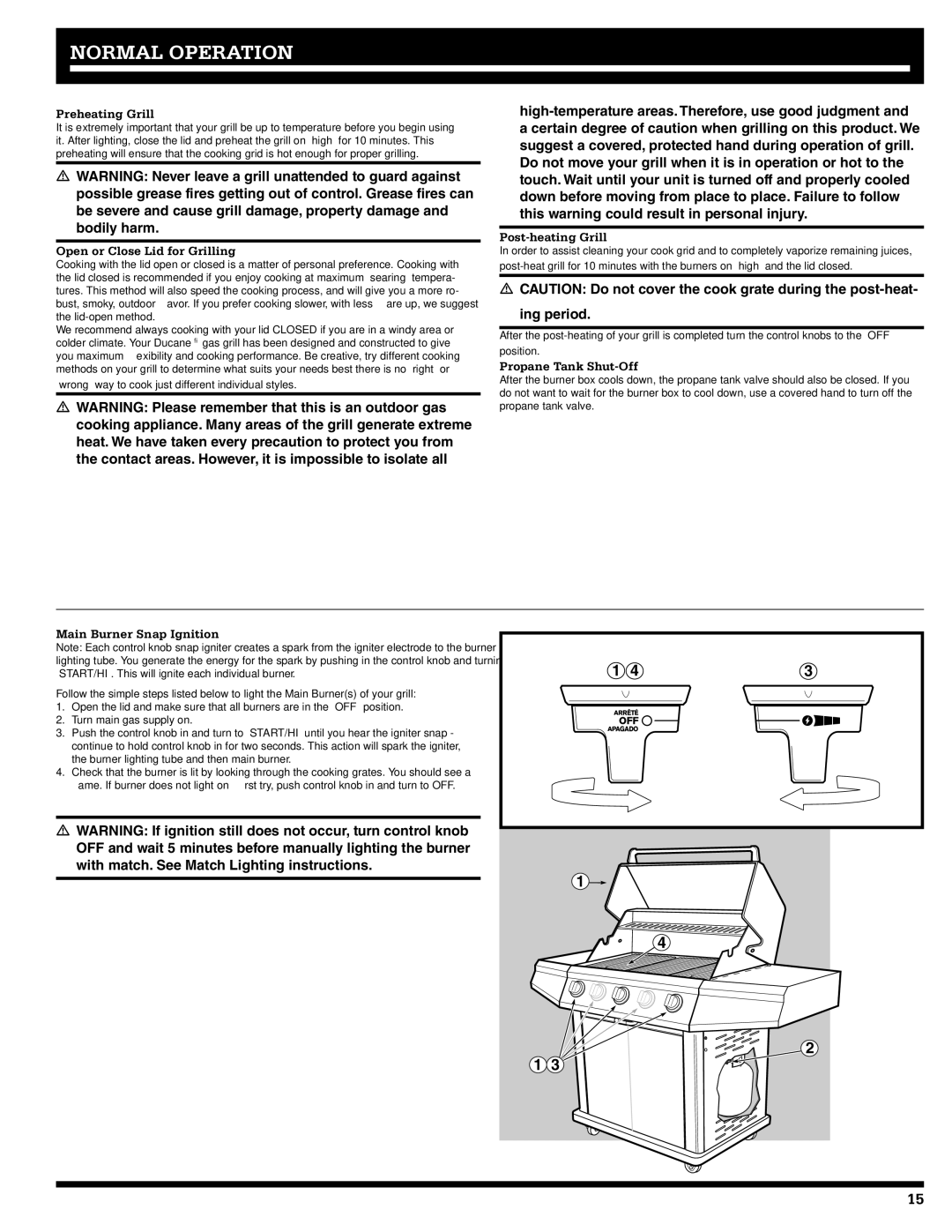 Ducane 5200, 3200 owner manual Preheating Grill, Open or Close Lid for Grilling, Post-heating Grill, Propane Tank Shut-Off 