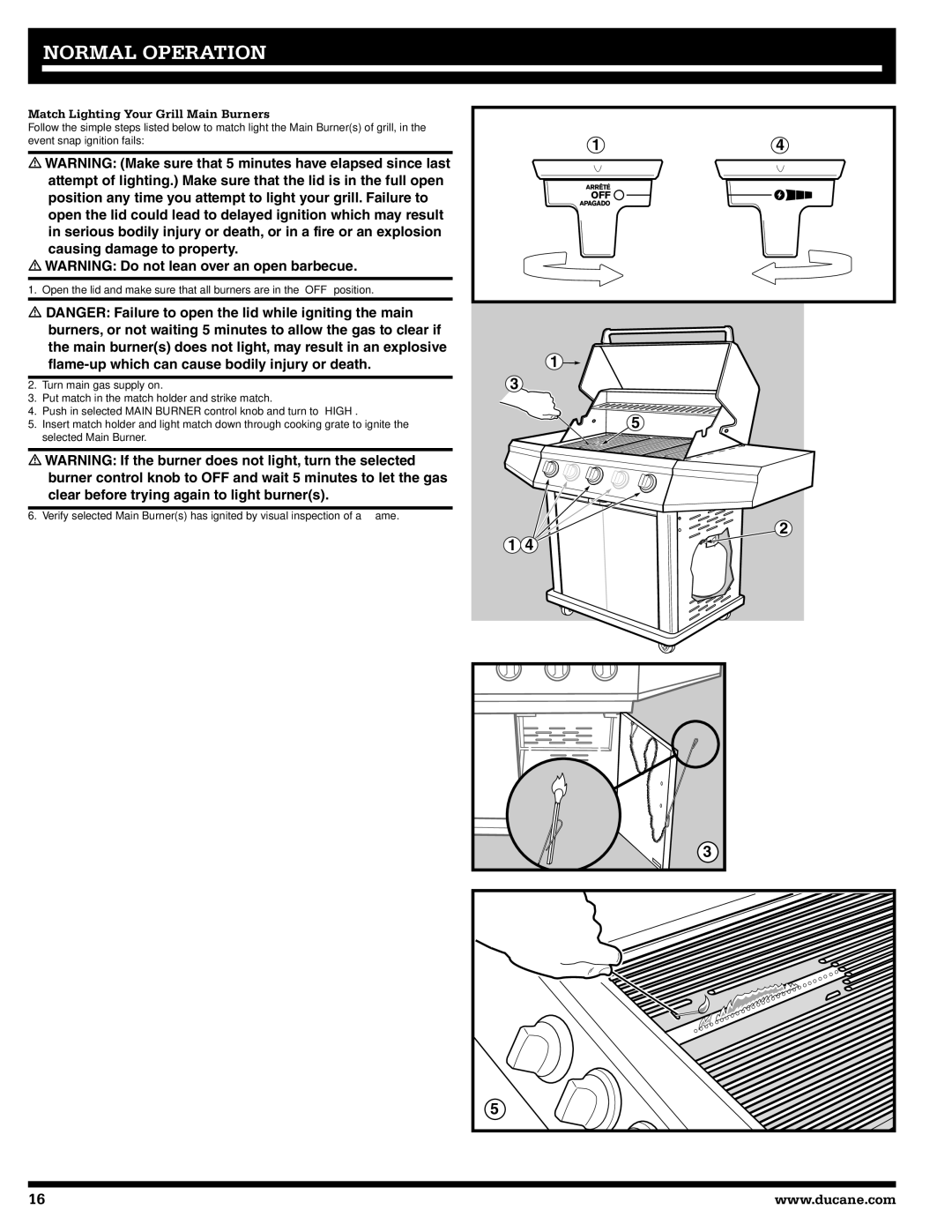 Ducane 3200, 5200 owner manual Match Lighting Your Grill Main Burners 