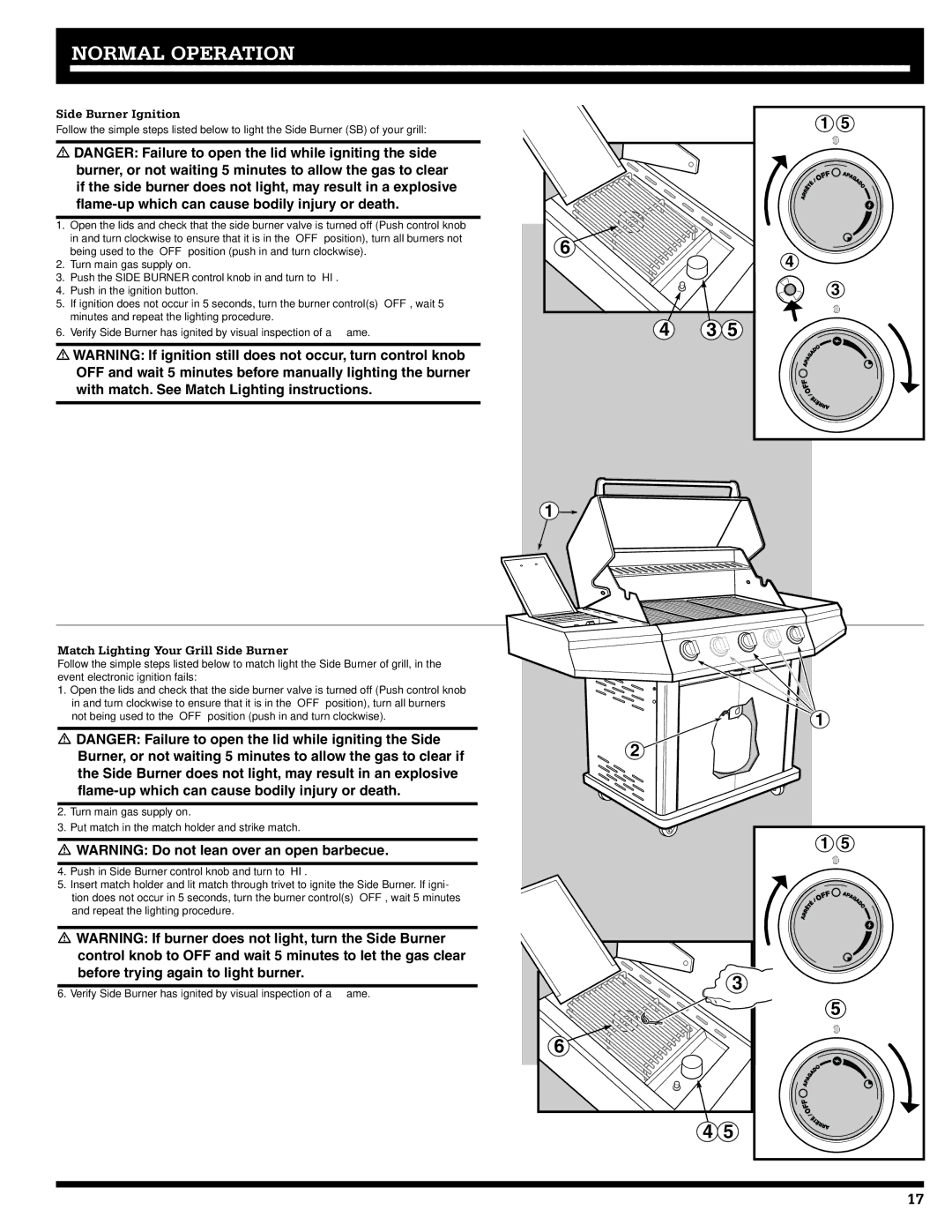 Ducane 5200, 3200 owner manual Side Burner Ignition, Match Lighting Your Grill Side Burner 