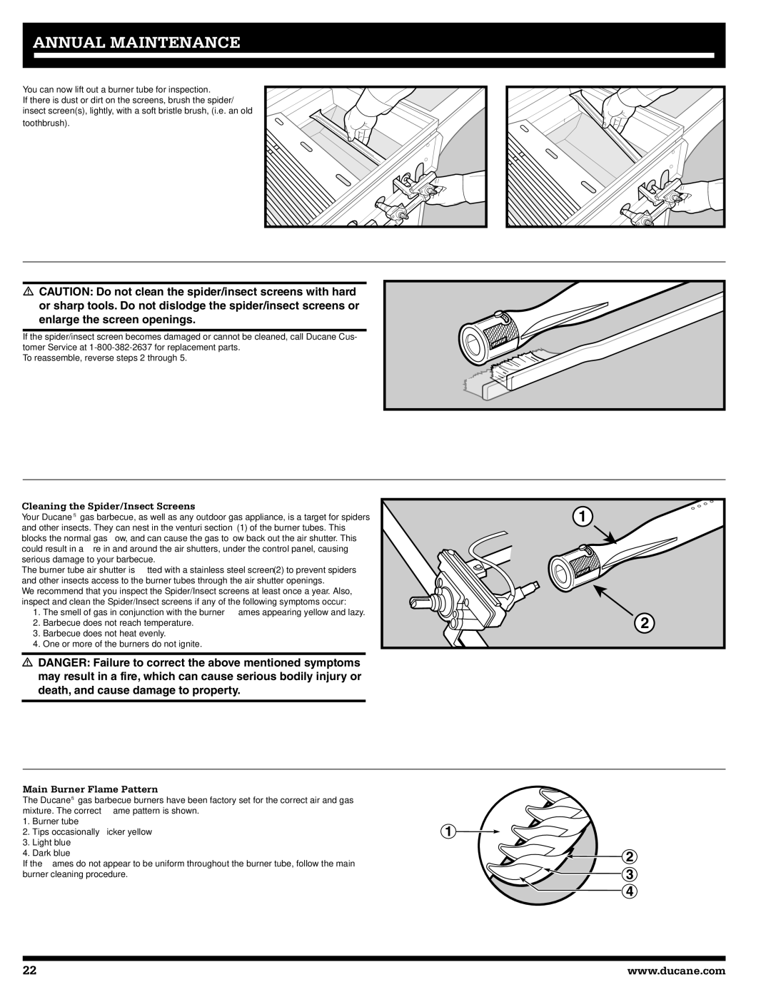 Ducane 3200, 5200 owner manual Cleaning the Spider/Insect Screens, Main Burner Flame Pattern 