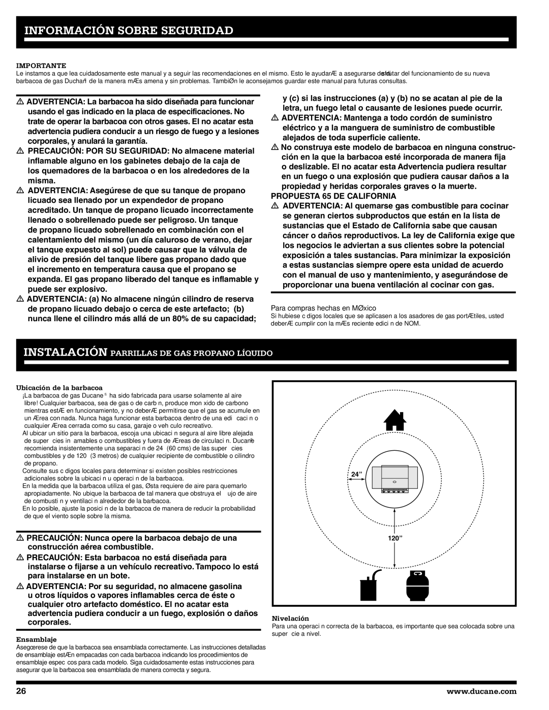 Ducane 3200, 5200 owner manual Información Sobre Seguridad, Ubicación de la barbacoa, Ensamblaje, Nivelación 