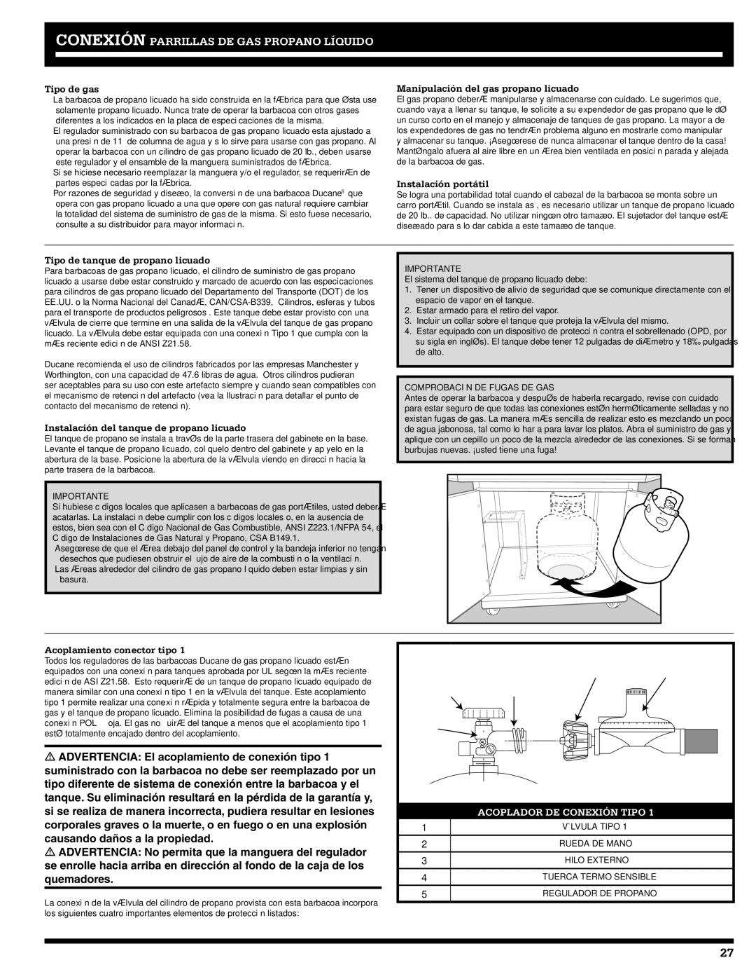Ducane 5200 Tipo de gas, Manipulación del gas propano licuado, Instalación portátil, Tipo de tanque de propano licuado 