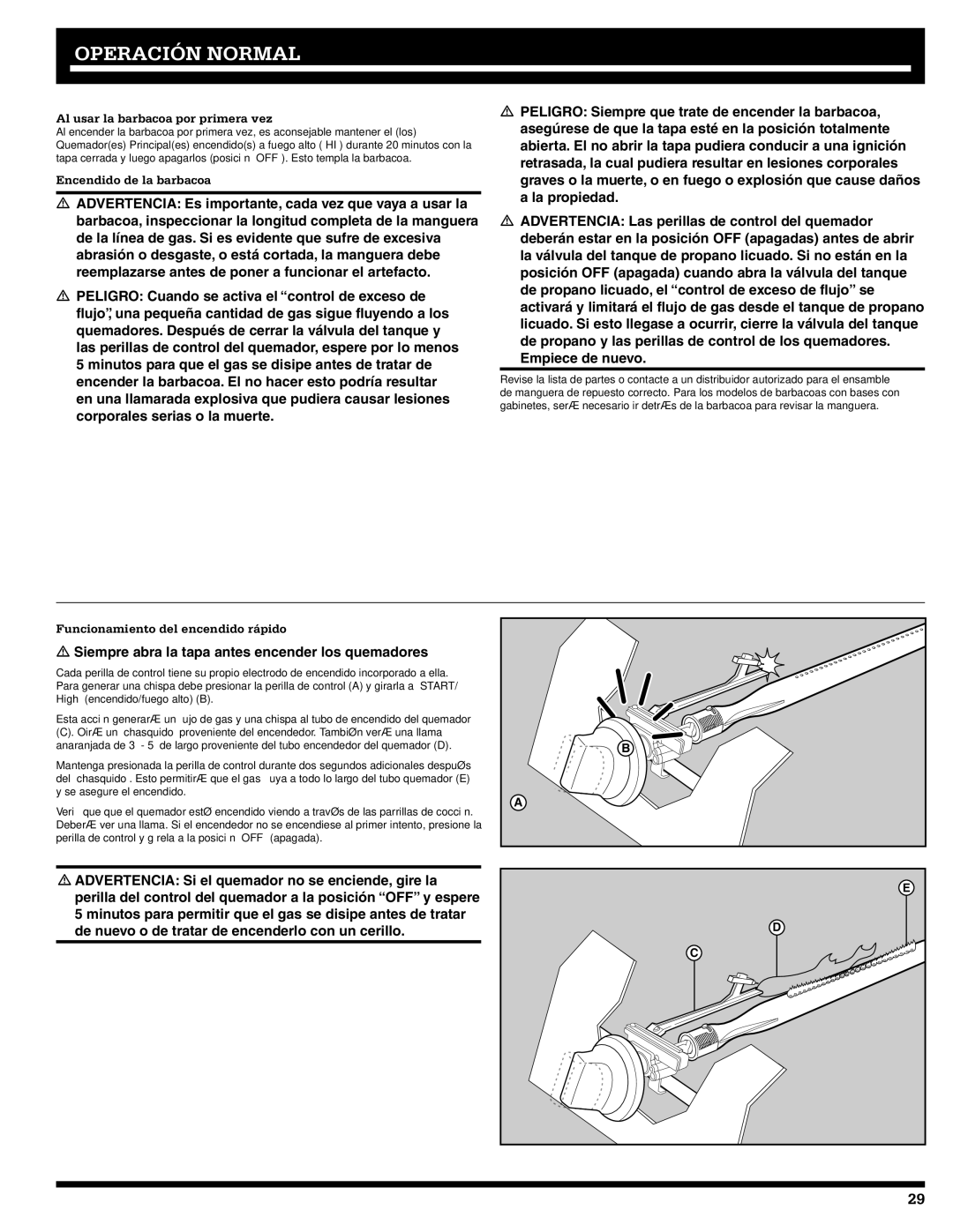 Ducane 5200, 3200 owner manual Operación Normal, Al usar la barbacoa por primera vez, Encendido de la barbacoa 