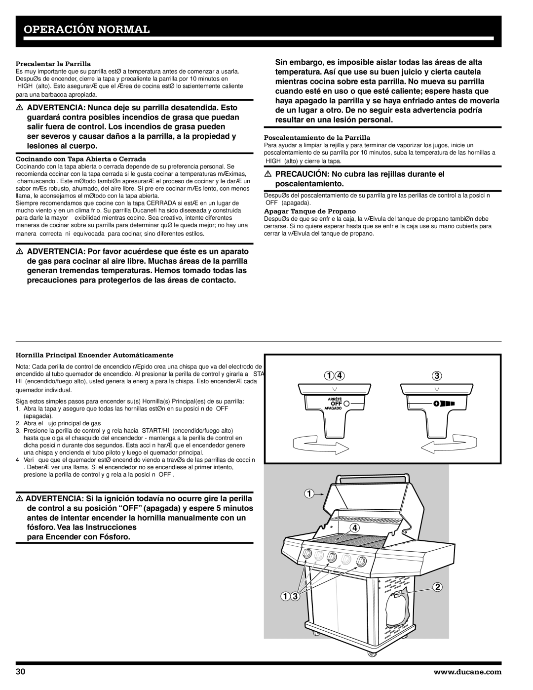 Ducane 3200, 5200 Precalentar la Parrilla, Cocinando con Tapa Abierta o Cerrada, Poscalentamiento de la Parrilla 