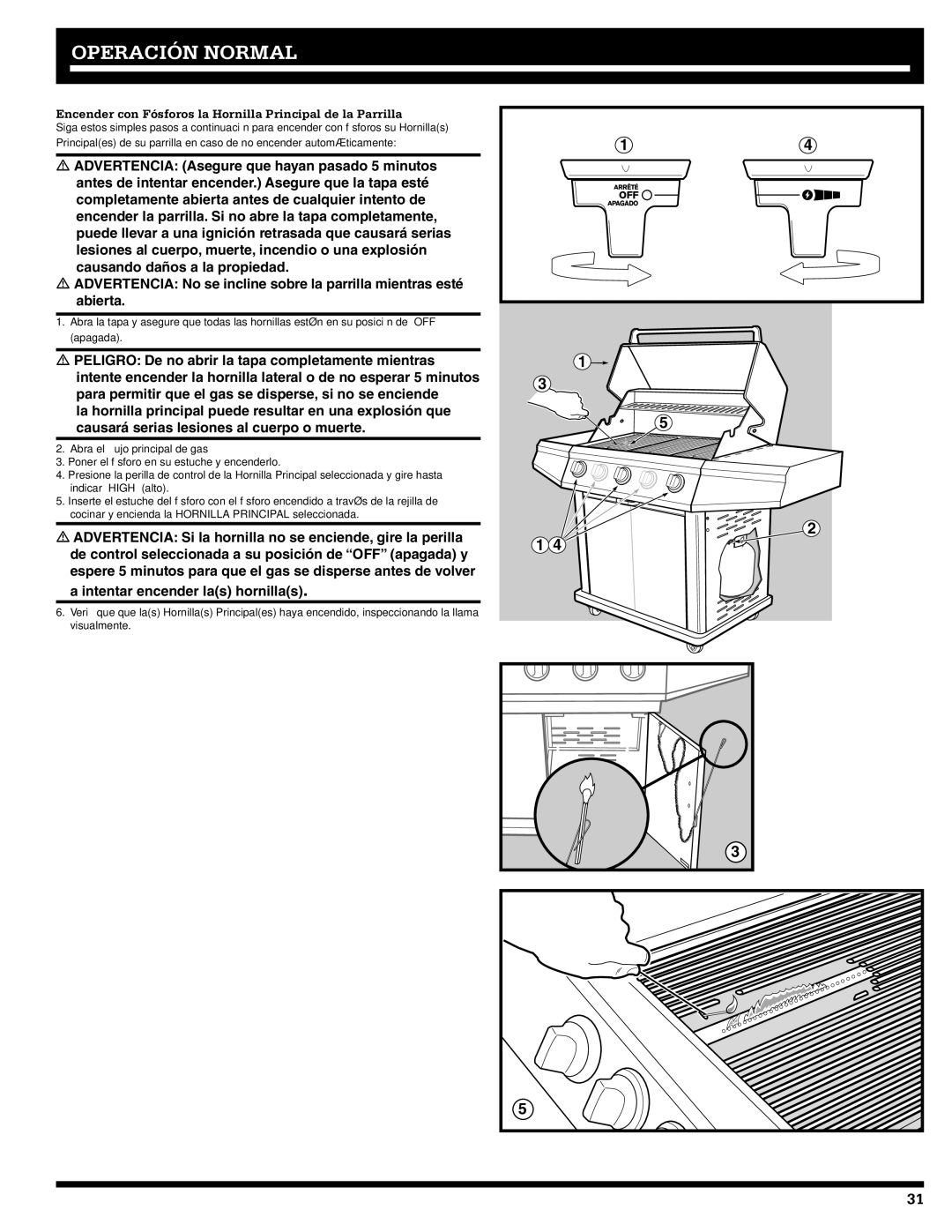 Ducane 5200, 3200 owner manual Encender con Fósforos la Hornilla Principal de la Parrilla 