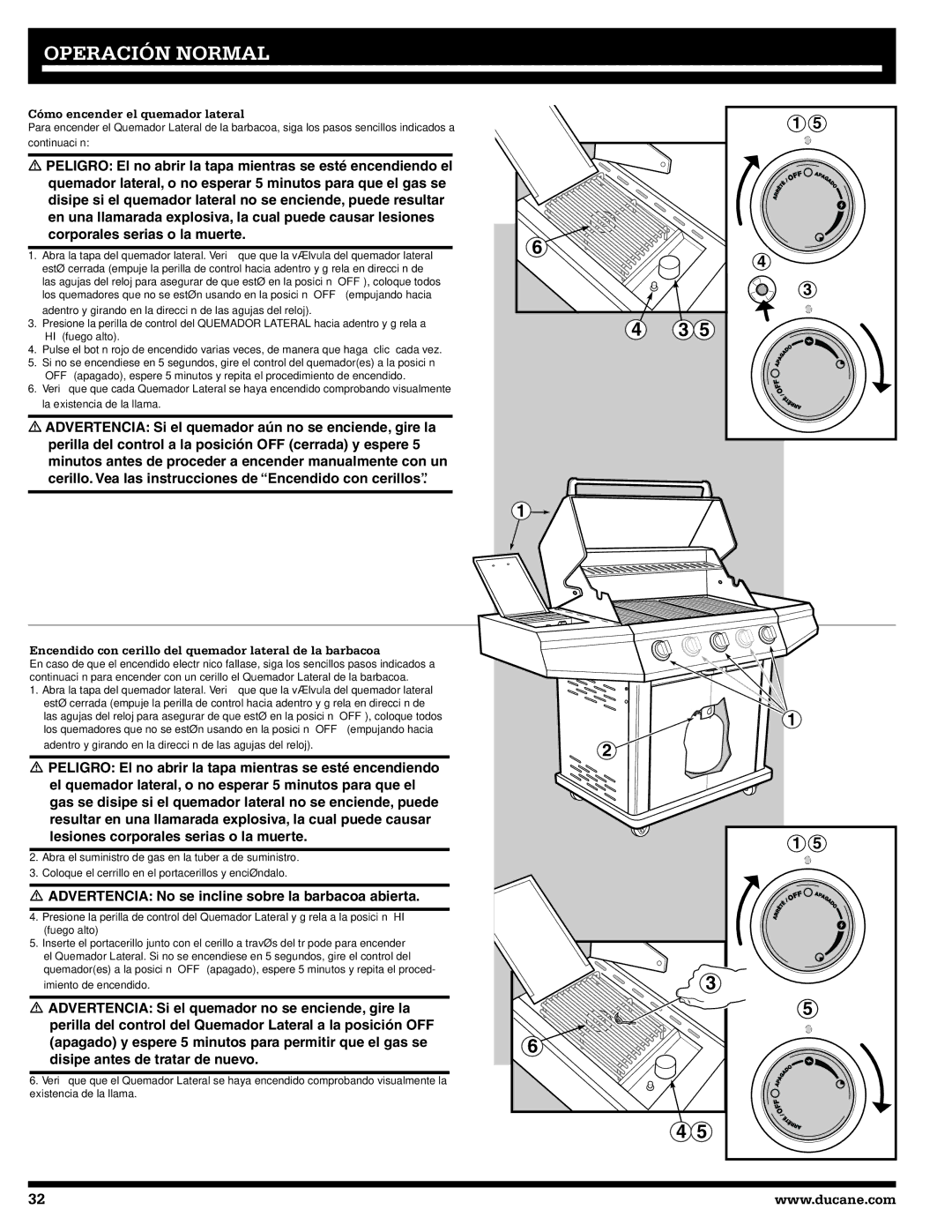 Ducane 3200, 5200 owner manual Cómo encender el quemador lateral, Encendido con cerillo del quemador lateral de la barbacoa 