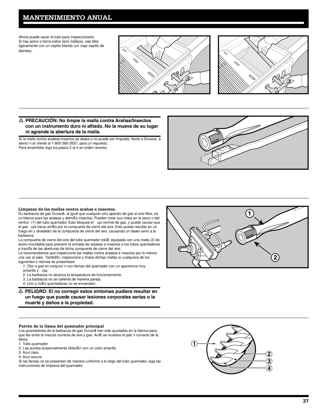 Ducane 5200, 3200 owner manual Limpieza de las mallas contra arañas e insectos, Patrón de la llama del quemador principal 