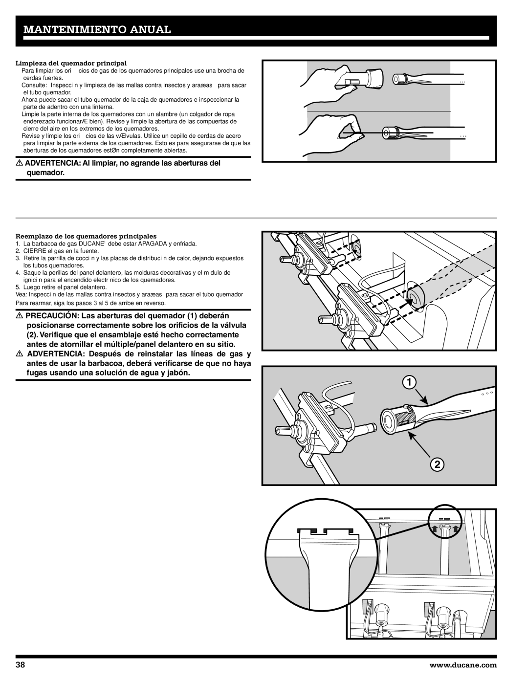 Ducane 3200, 5200 owner manual Limpieza del quemador principal, Reemplazo de los quemadores principales 