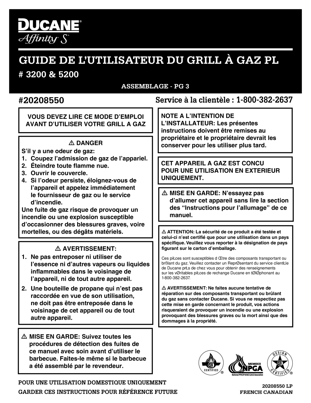 Ducane 5200, 3200 owner manual Guide DE L’UTILISATEUR DU Grill À GAZ PL, Assemblage PG 