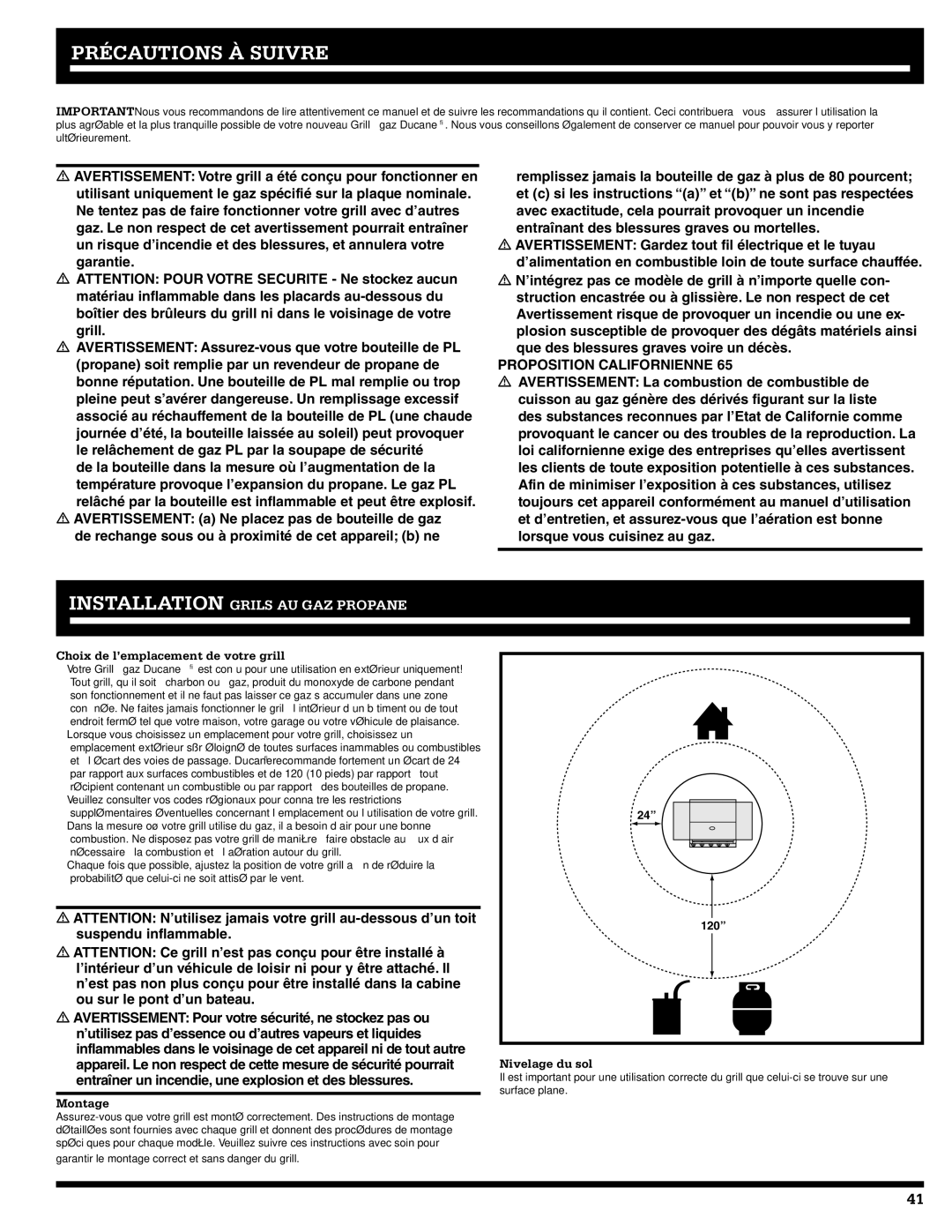 Ducane 5200, 3200 owner manual Précautions À Suivre, Choix de l’emplacement de votre grill, Nivelage du sol, Montage 