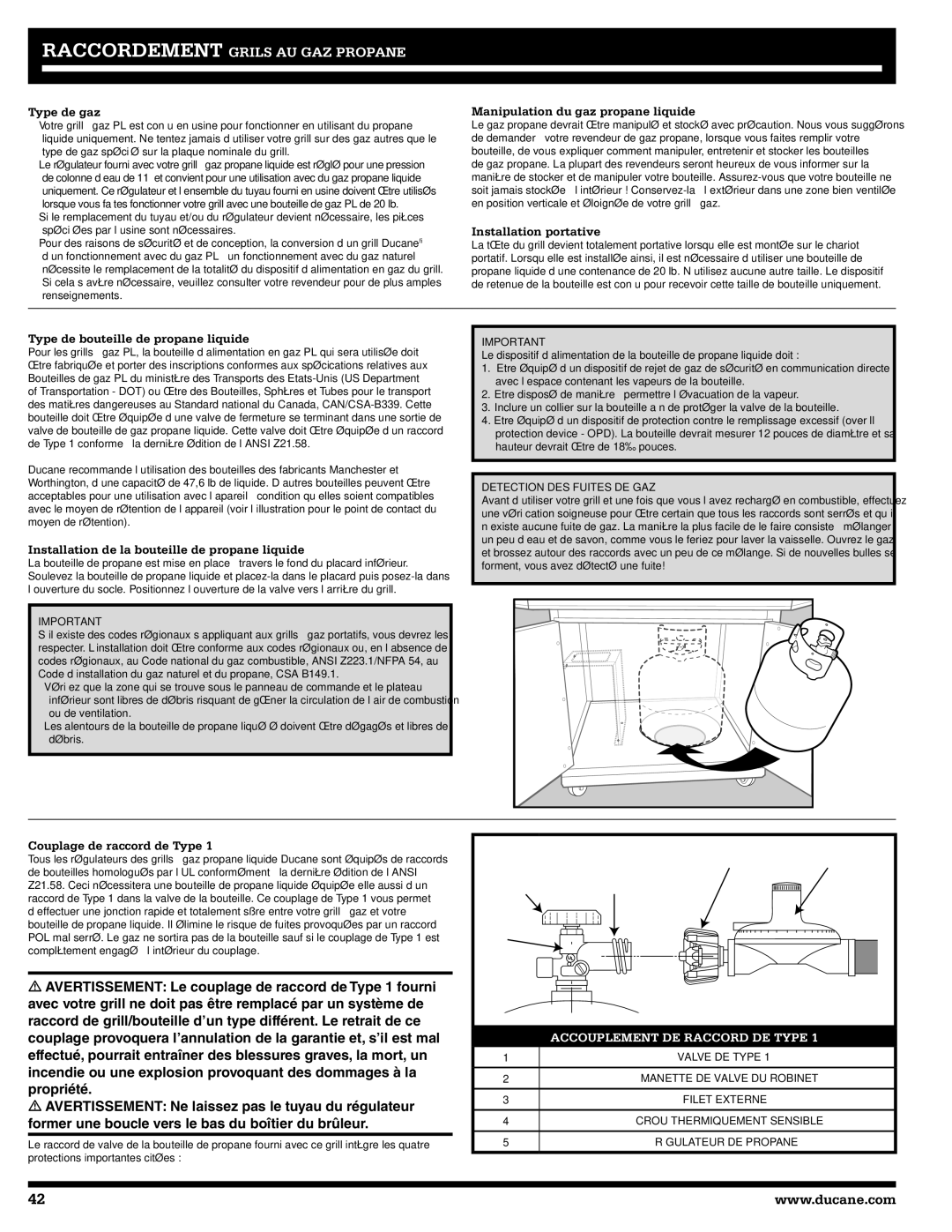 Ducane 3200 Type de gaz, Manipulation du gaz propane liquide, Installation portative, Type de bouteille de propane liquide 