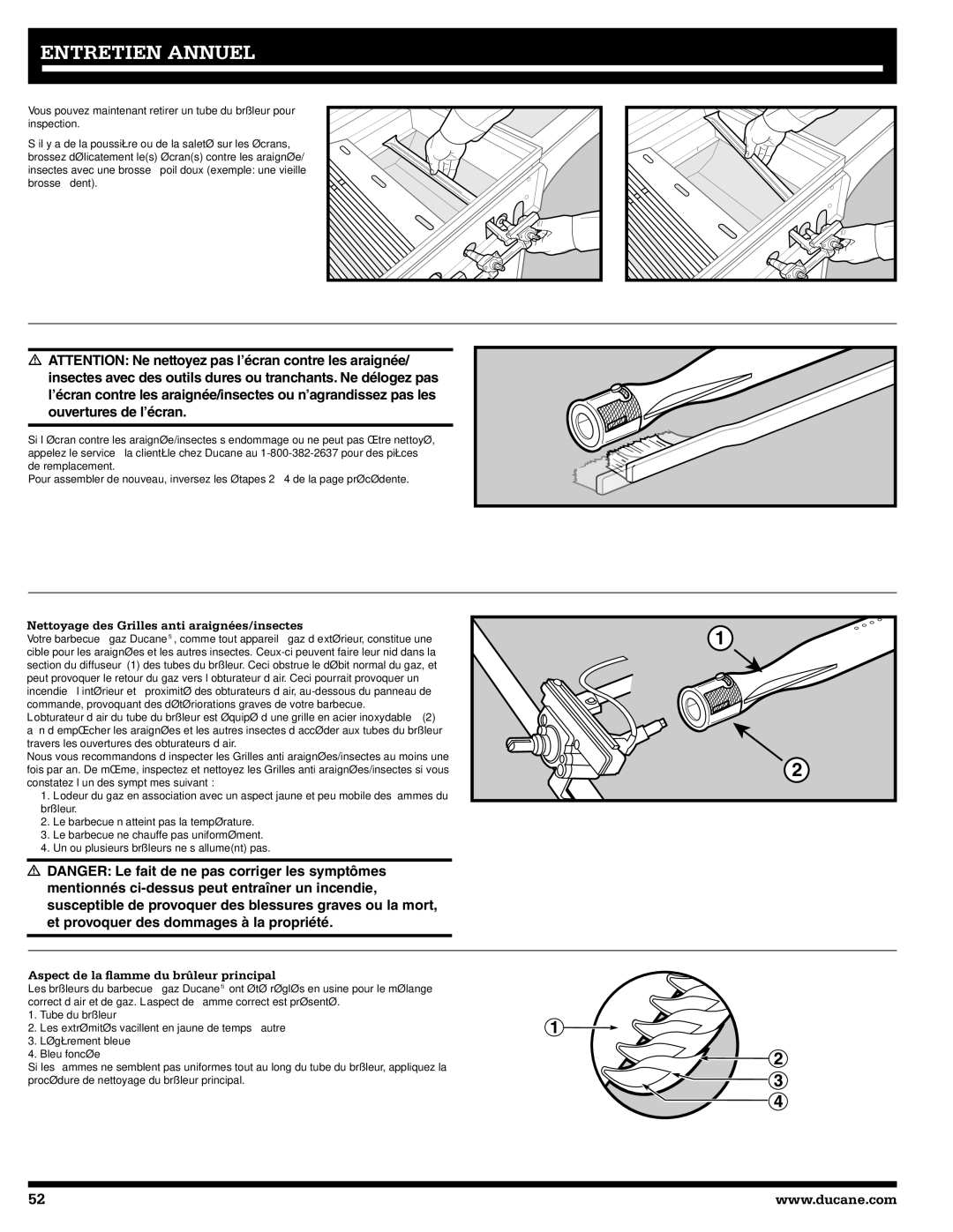 Ducane 3200, 5200 owner manual Nettoyage des Grilles anti araignées/insectes, Aspect de la ﬂamme du brûleur principal 