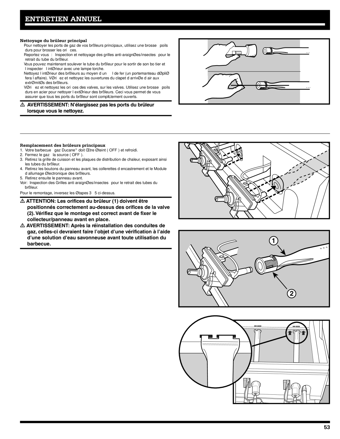 Ducane 5200, 3200 owner manual Nettoyage du brûleur principal, Remplacement des brûleurs principaux 