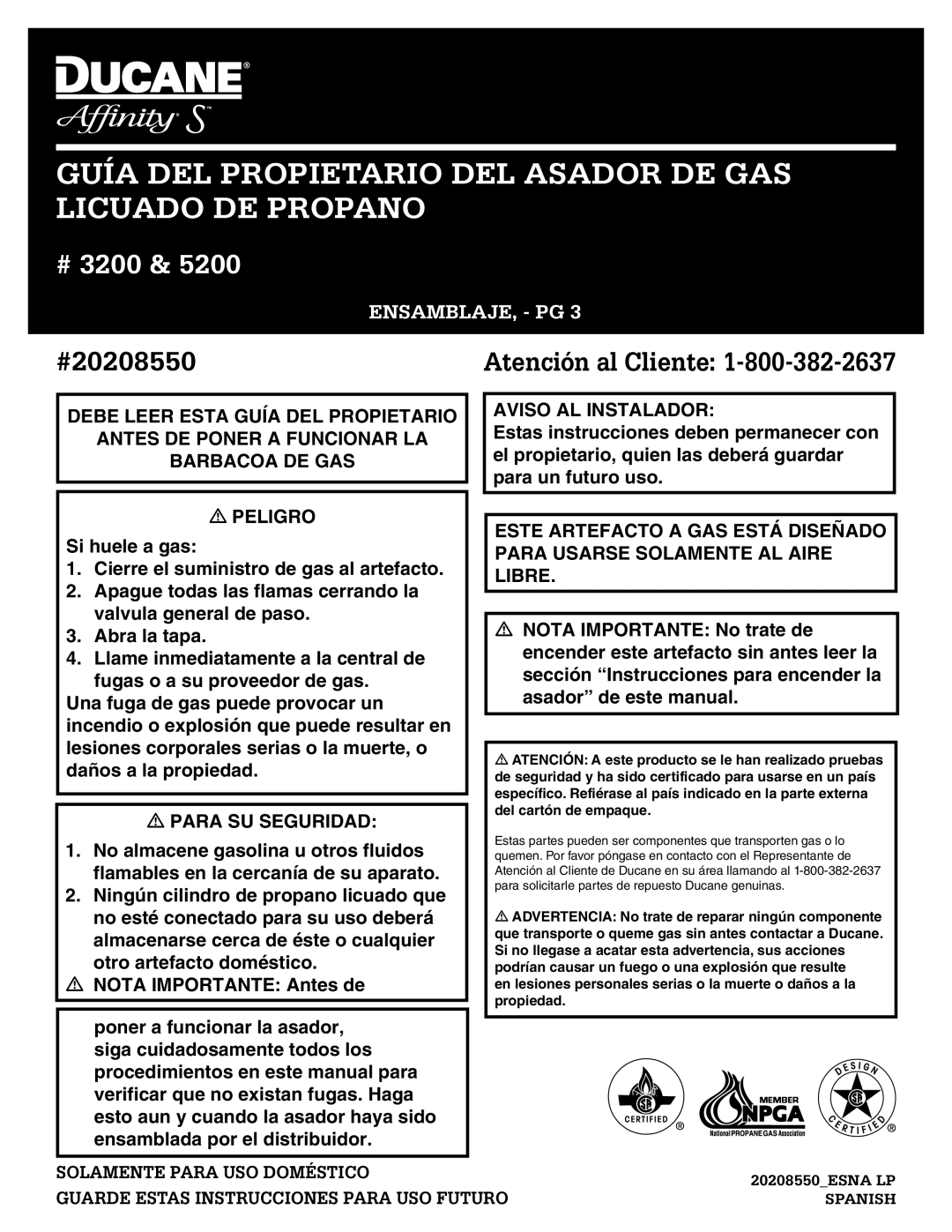 Ducane 3200 Guía Del Propietario Del Asador De Gas Licuado De Propano, Ensamblaje, - Pg, Solamente Para Uso Doméstico 