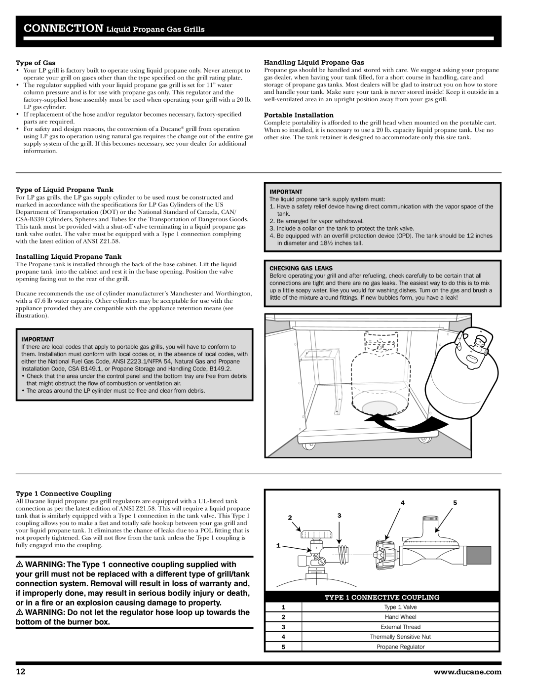Ducane 3200 owner manual Type of Gas, Handling Liquid Propane Gas, Portable Installation, Type of Liquid Propane Tank 