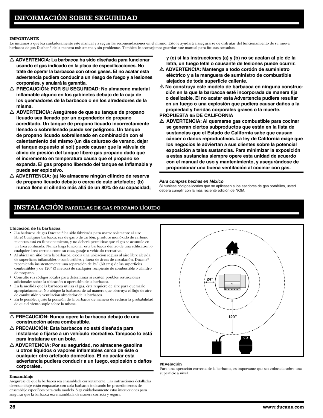 Ducane 3200 owner manual Información Sobre Seguridad, Ubicación de la barbacoa, Ensamblaje, Nivelación 