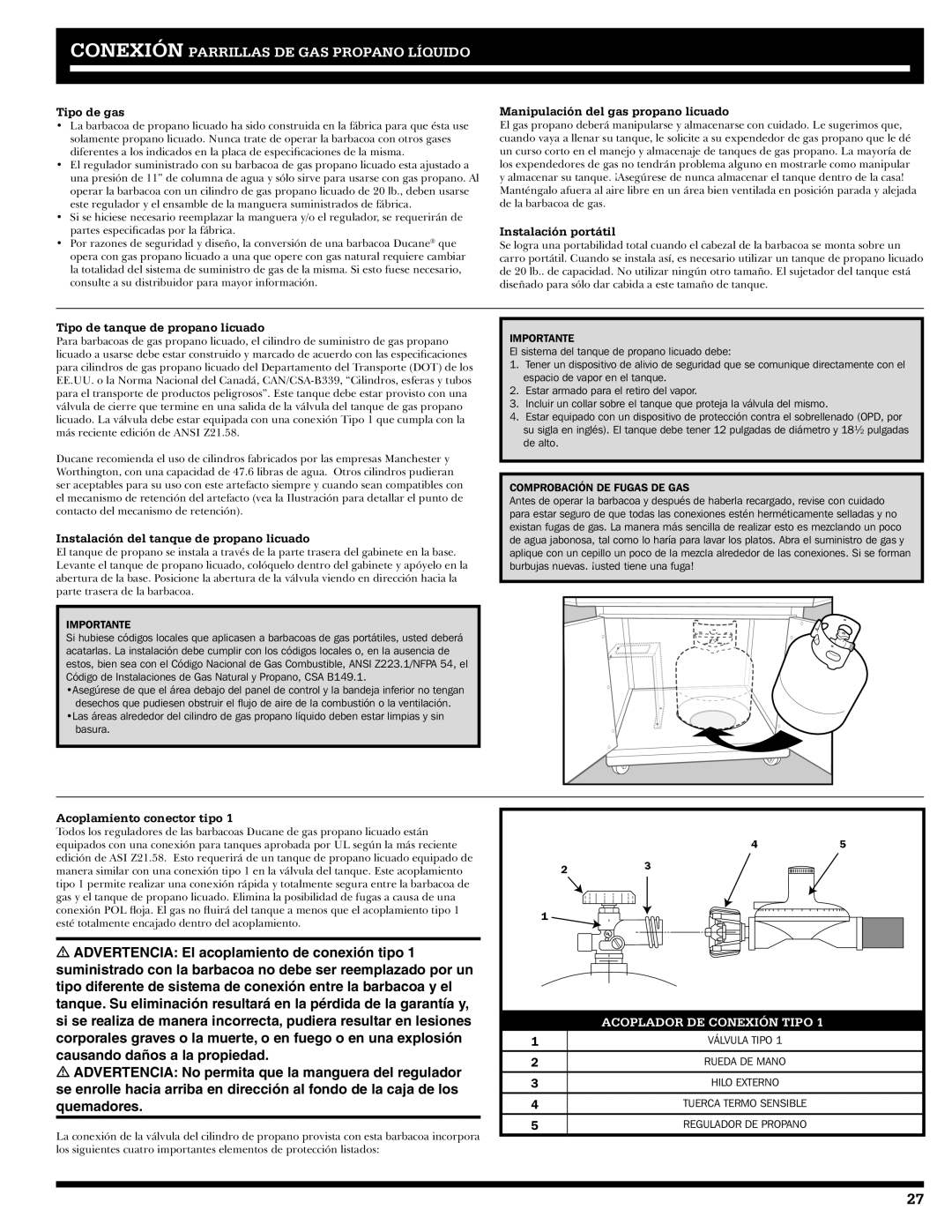 Ducane 3200 Tipo de gas, Manipulación del gas propano licuado, Instalación portátil, Tipo de tanque de propano licuado 