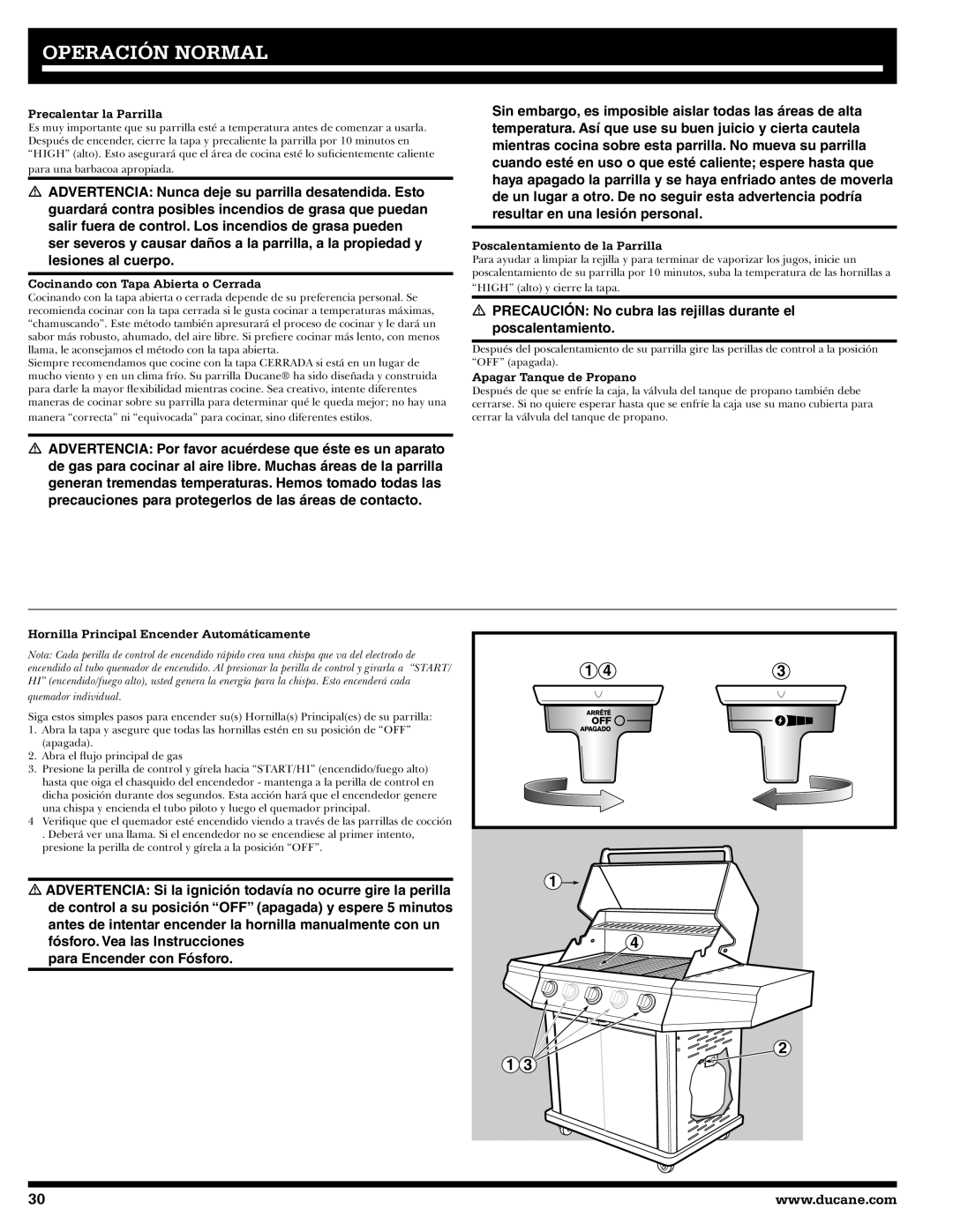 Ducane 3200 owner manual Precalentar la Parrilla, Cocinando con Tapa Abierta o Cerrada, Poscalentamiento de la Parrilla 