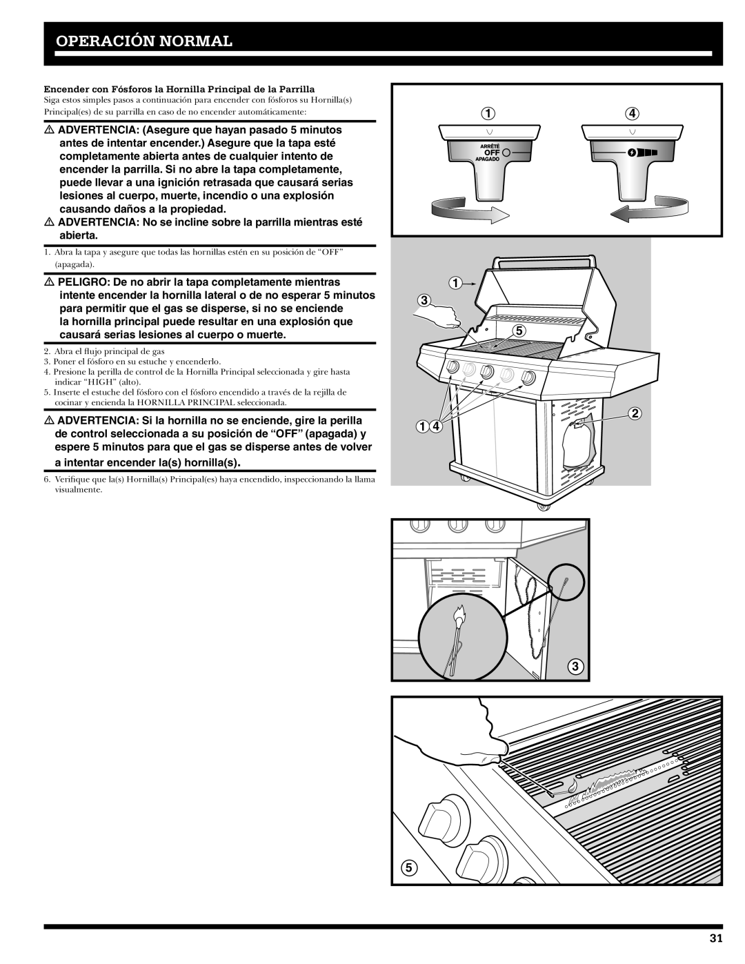 Ducane 3200 owner manual Encender con Fósforos la Hornilla Principal de la Parrilla 