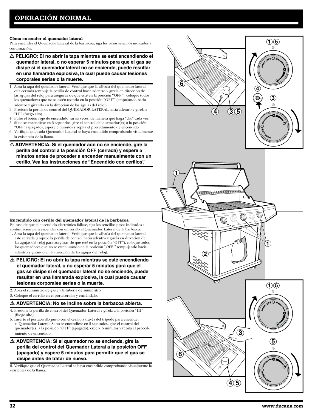 Ducane 3200 owner manual Cómo encender el quemador lateral, Encendido con cerillo del quemador lateral de la barbacoa 