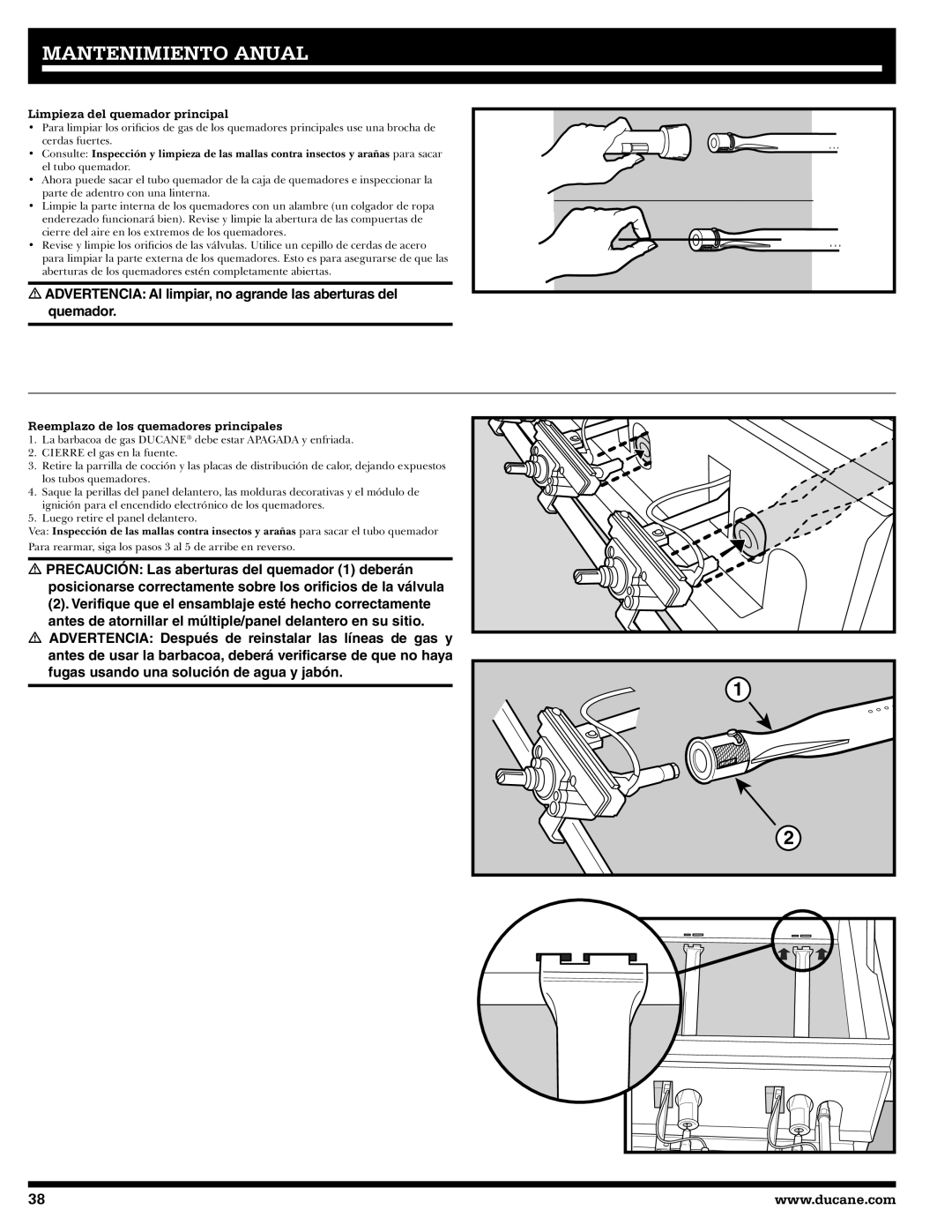 Ducane 3200 owner manual Limpieza del quemador principal, Reemplazo de los quemadores principales 