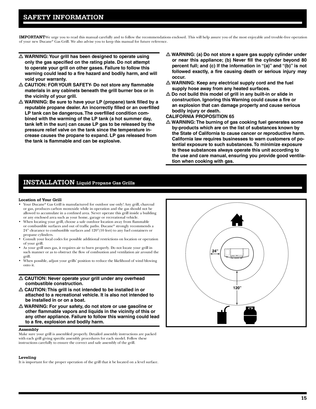 Ducane 3400 owner manual Safety Information, California Proposition, Location of Your Grill, Assembly, Leveling 