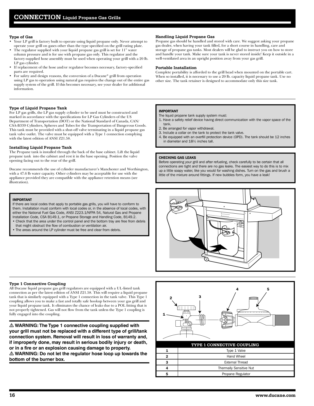 Ducane 3400 owner manual Type of Gas, Handling Liquid Propane Gas, Portable Installation, Type of Liquid Propane Tank 