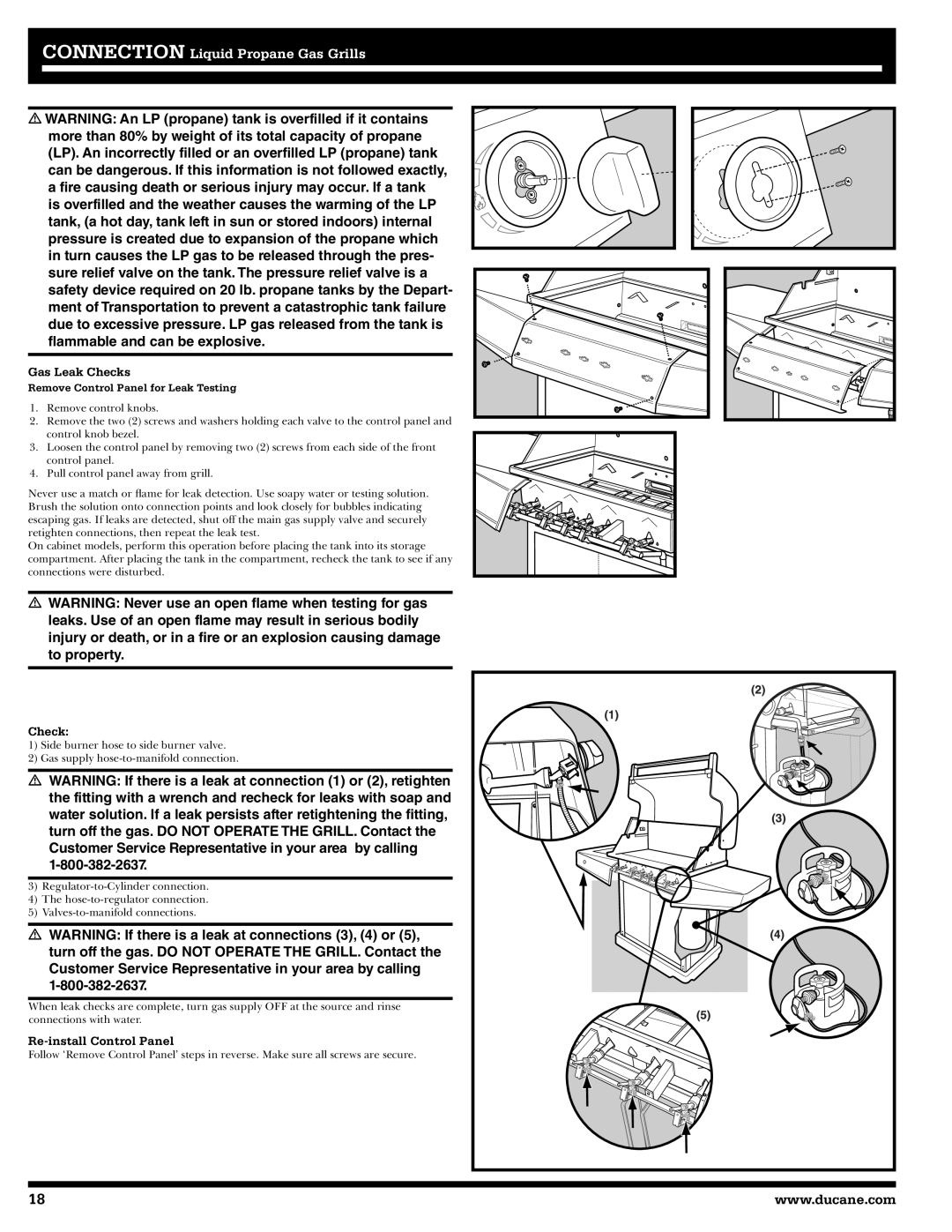 Ducane 3400 owner manual Gas Leak Checks, Re-install Control Panel 