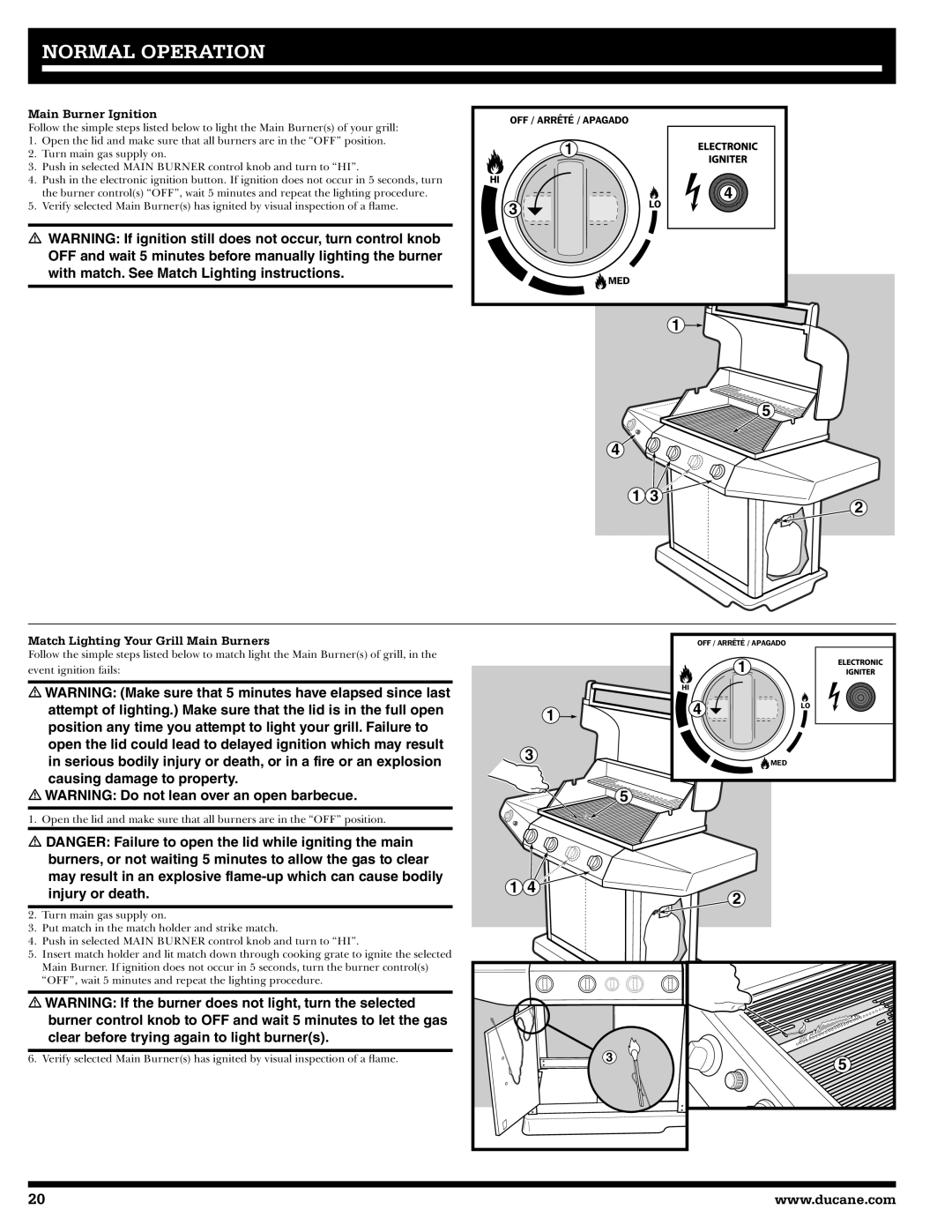 Ducane 3400 owner manual Main Burner Ignition, Match Lighting Your Grill Main Burners 