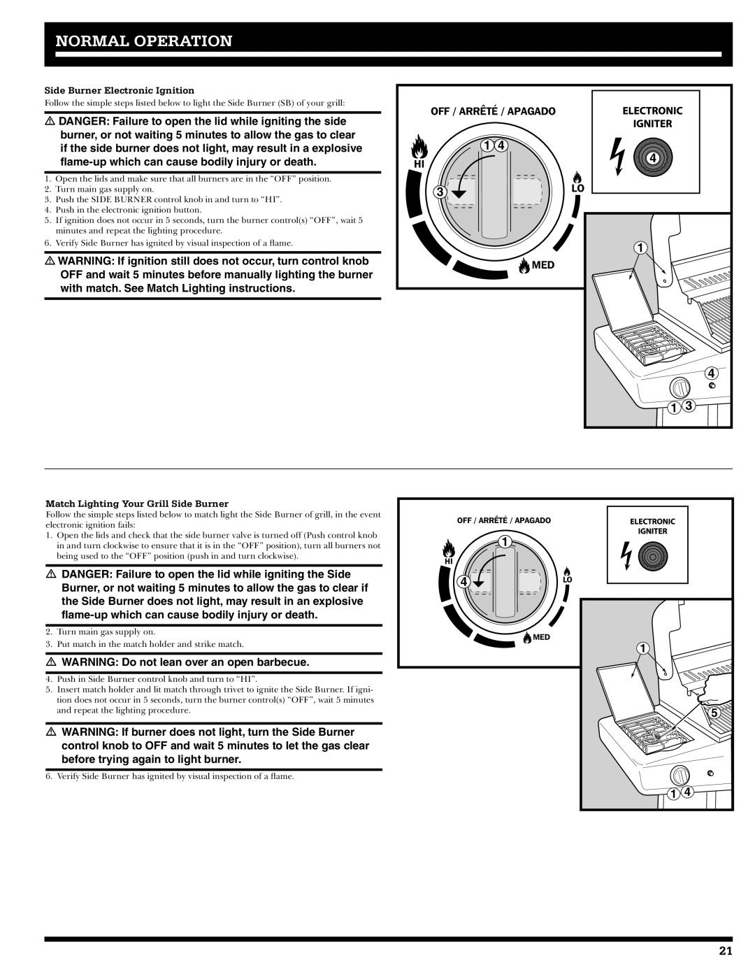 Ducane 3400 owner manual Side Burner Electronic Ignition, Match Lighting Your Grill Side Burner 