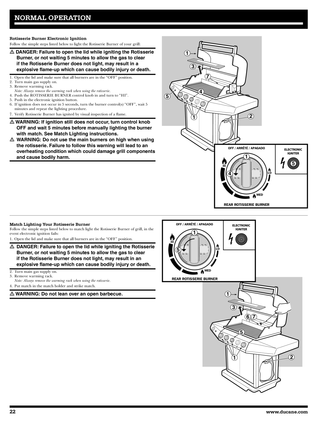 Ducane 3400 owner manual Rotisserie Burner Electronic Ignition, Match Lighting Your Rotisserie Burner 