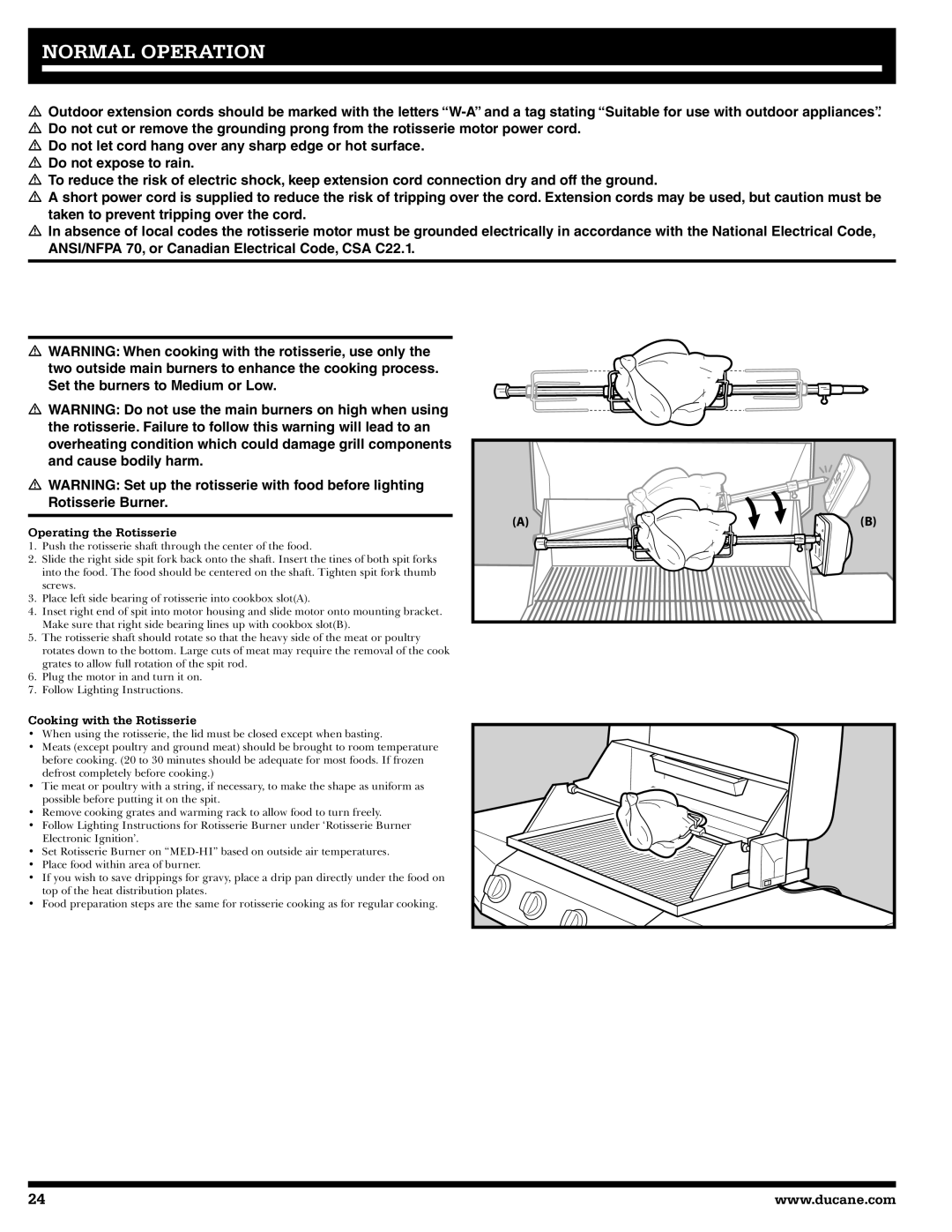 Ducane 3400 owner manual Operating the Rotisserie, Cooking with the Rotisserie 