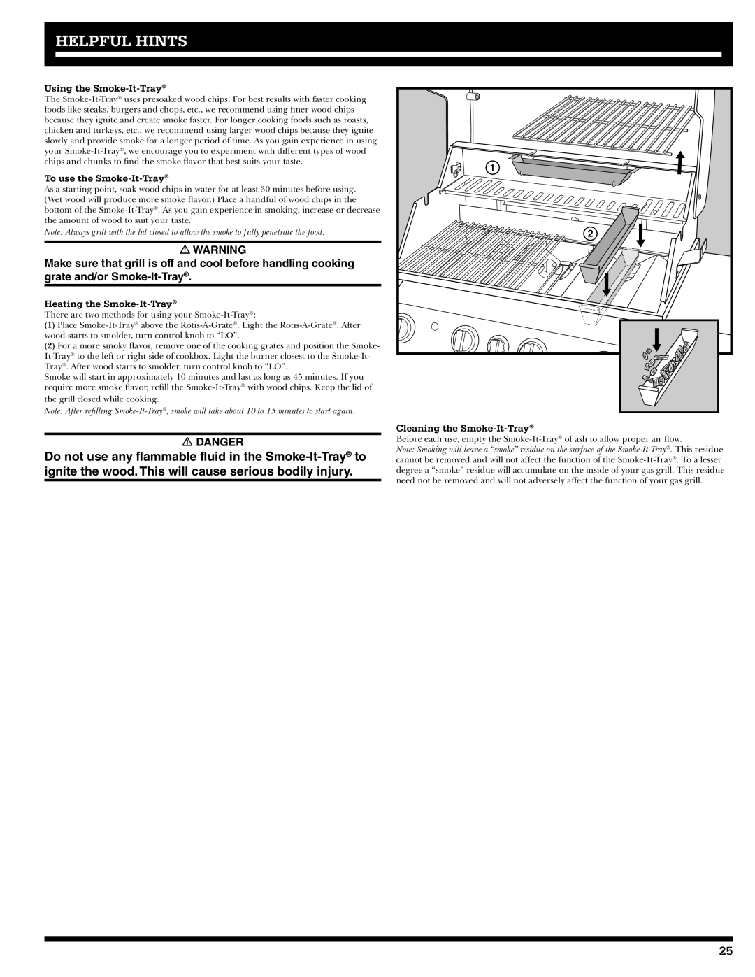 Ducane 3400 owner manual Helpful Hints, Using the Smoke-It-Tray, To use the Smoke-It-Tray, Heating the Smoke-It-Tray 