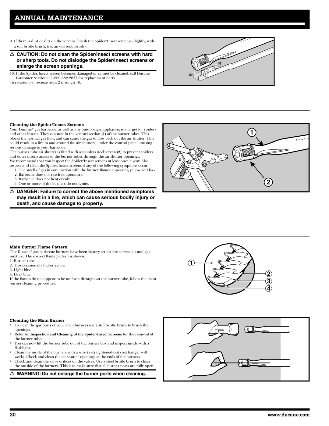 Ducane 3400 owner manual Cleaning the Spider/Insect Screens, Main Burner Flame Pattern, Cleaning the Main Burner 