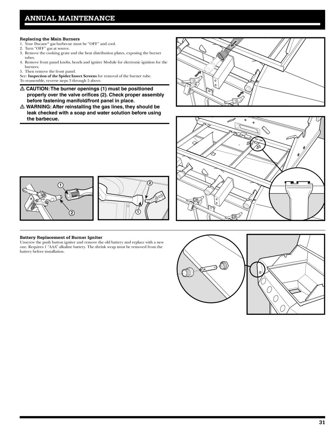 Ducane 3400 owner manual Replacing the Main Burners, Battery Replacement of Burner Igniter 