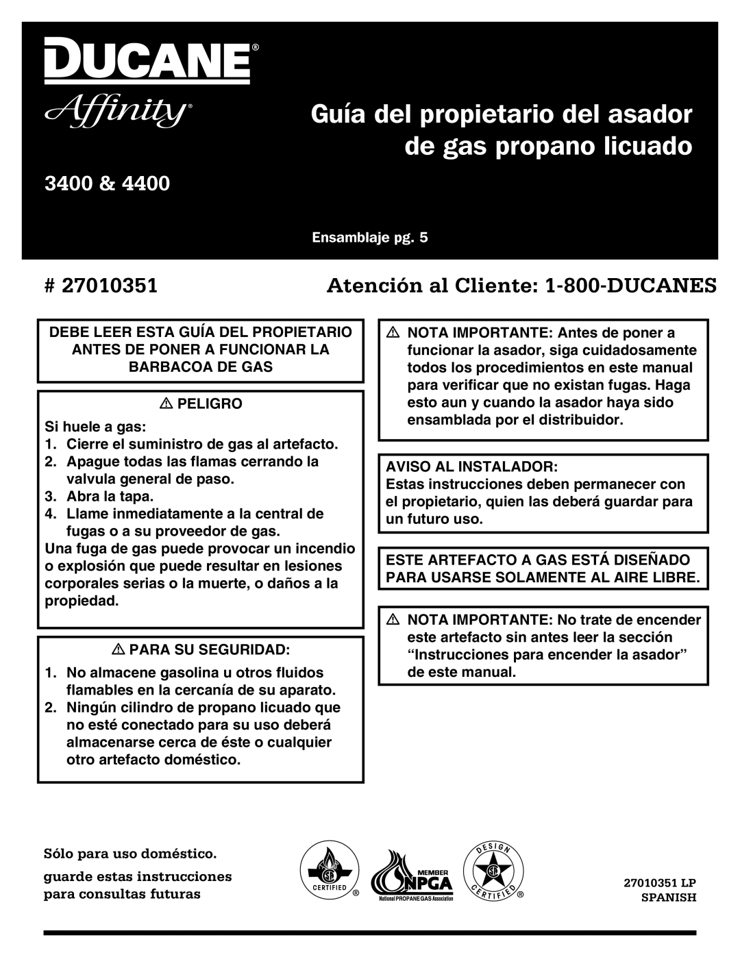 Ducane 3400 owner manual Guía del propietario del asador de gas propano licuado 