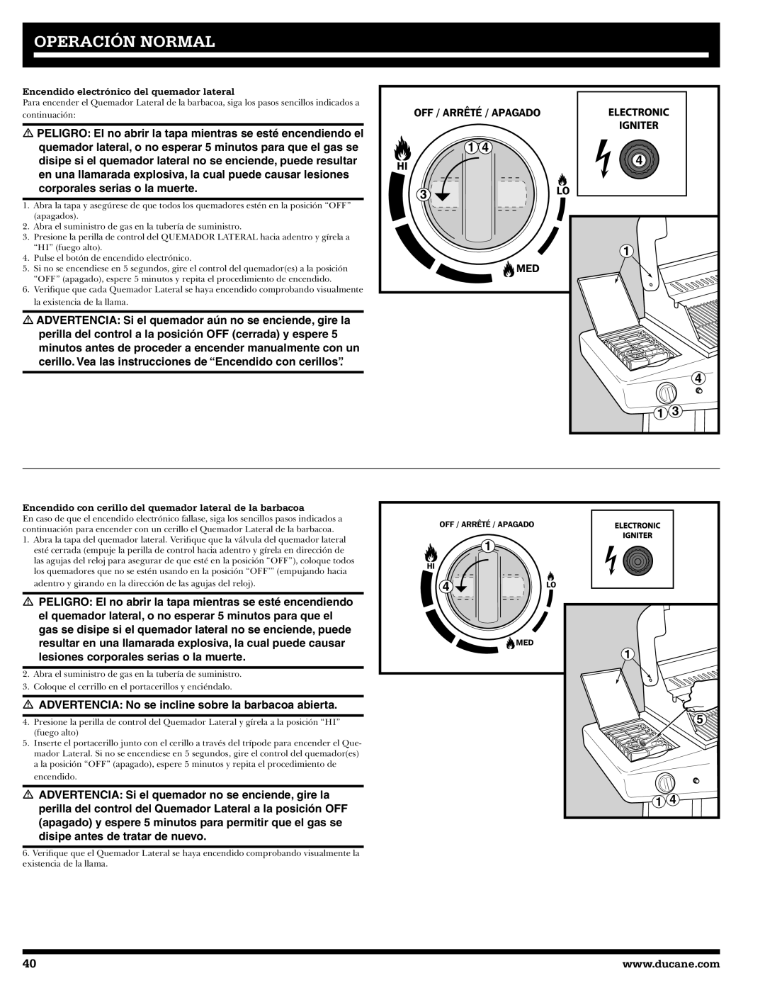 Ducane 3400 Encendido electrónico del quemador lateral, Encendido con cerillo del quemador lateral de la barbacoa 