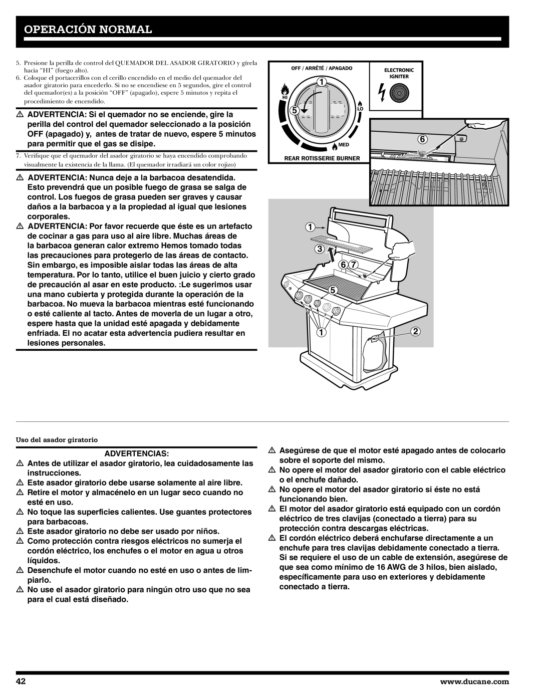 Ducane 3400 owner manual Advertencias, Uso del asador giratorio 