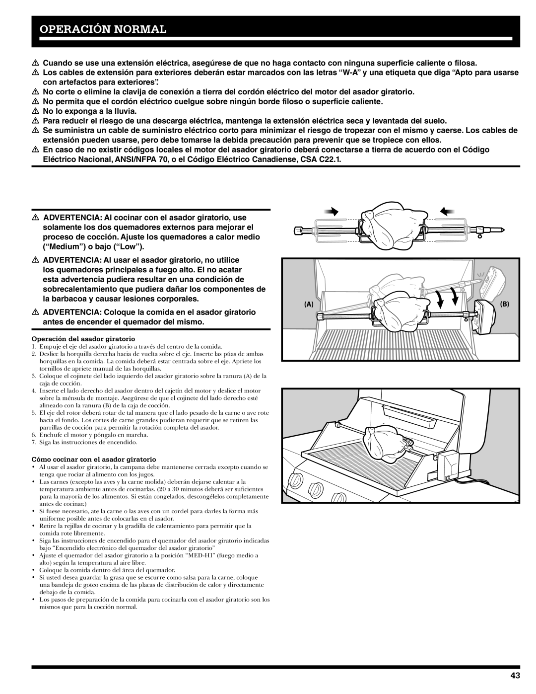 Ducane 3400 owner manual Operación del asador giratorio, Cómo cocinar con el asador giratorio 